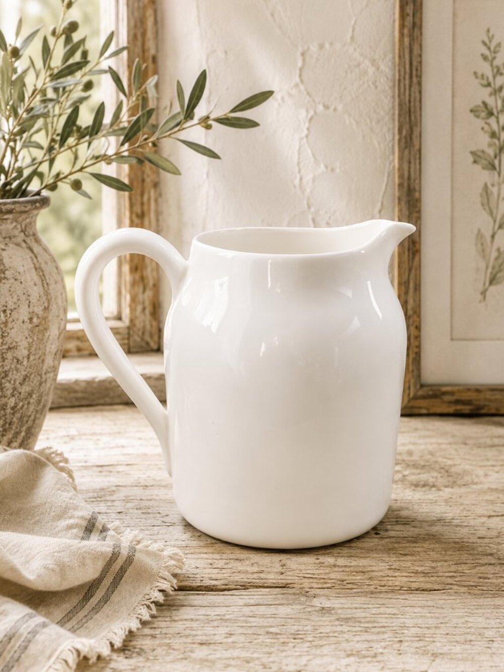 Large Vintage Made in Portugal White Farmhouse Style Pitcher